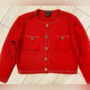 Vintage Women’s Wool Blend Red Cardigan Sweater  Crochet Trim  Size Large